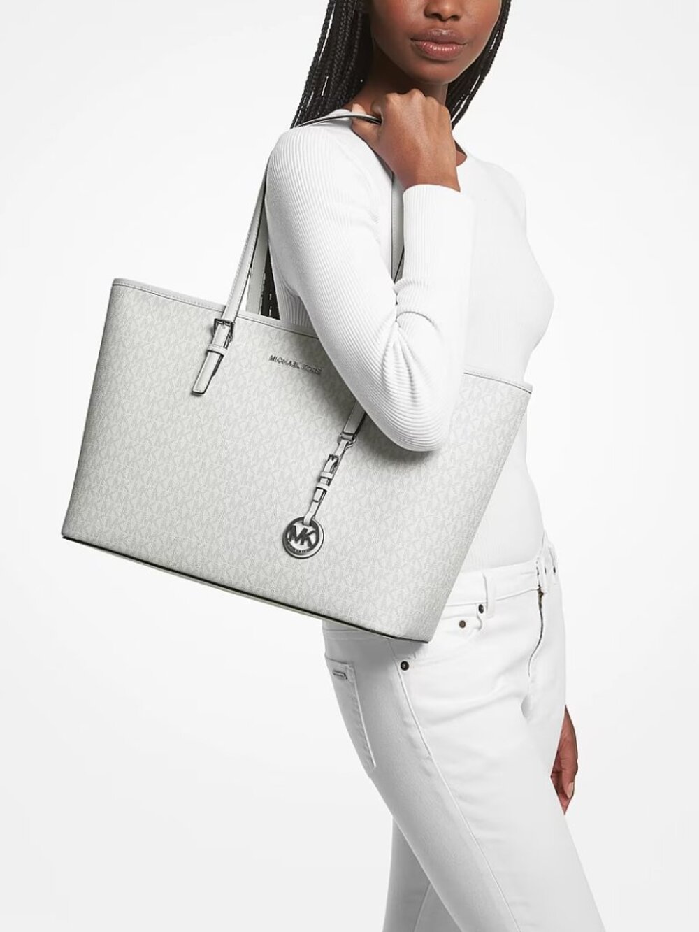 NWT ✅ Michael Kors JET SET Charm Top Zip Logo Tote Bag - OPTIC WHITE / ALLUMINUM